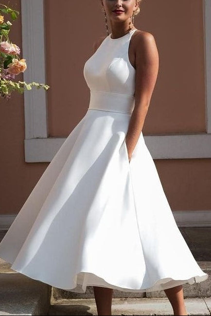 Sleeveless Tea-length Wedding Dress with Lace Hollow Back