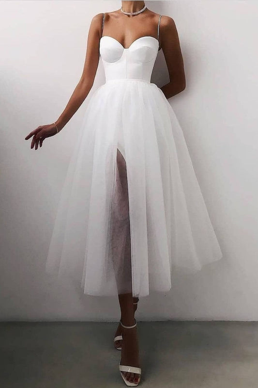 Spaghetti Straps Informal Tea-length Bridal Gown