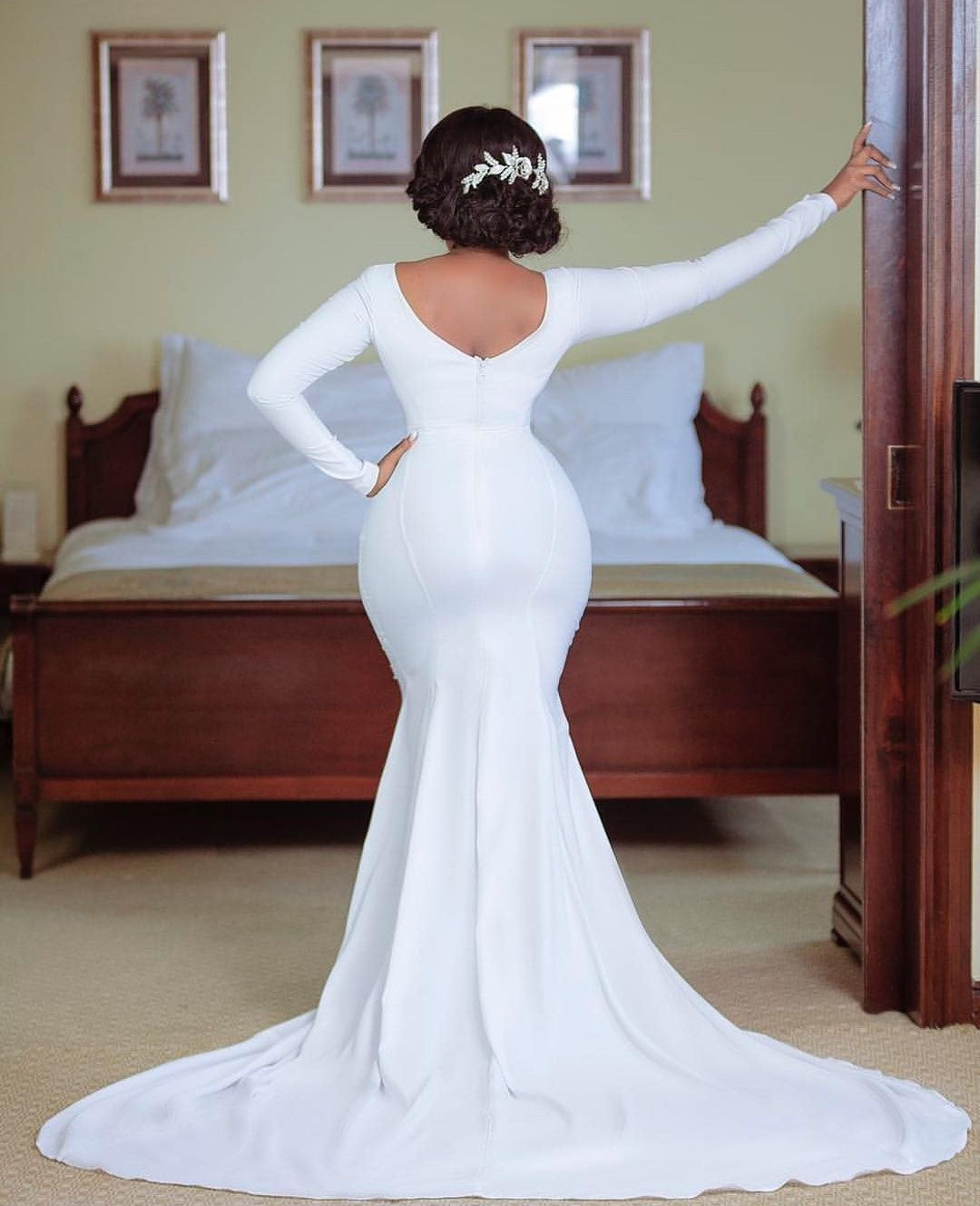 Spandex White Mermaid Wedding Gowns Long Sleeves