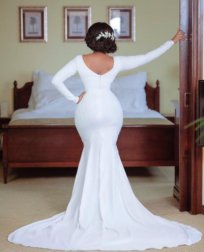 Spandex White Mermaid Wedding Gowns Long Sleeves