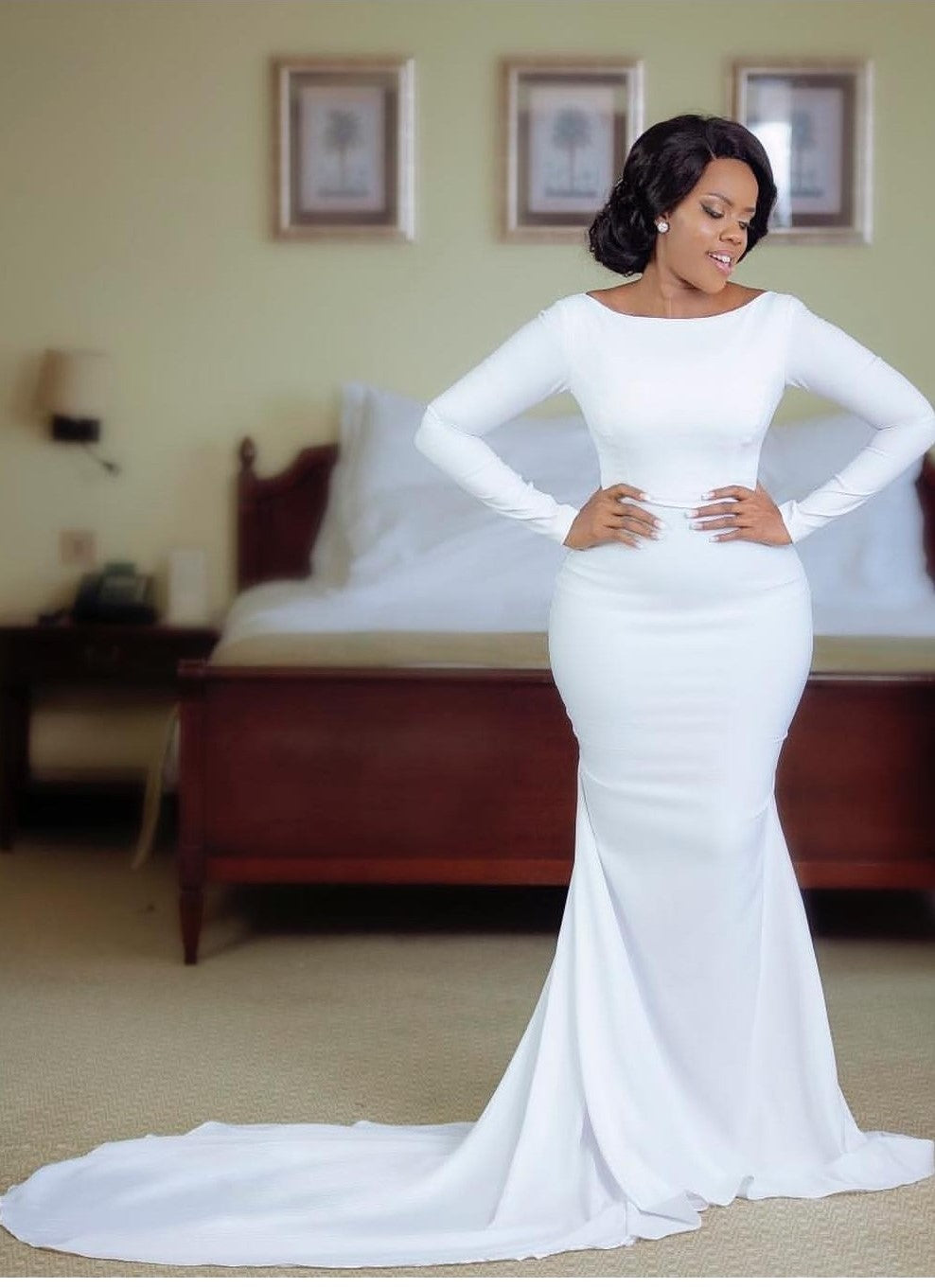 Spandex White Mermaid Wedding Gowns Long Sleeves