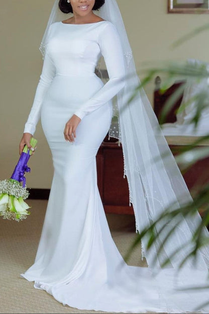 Spandex White Mermaid Wedding Gowns Long Sleeves