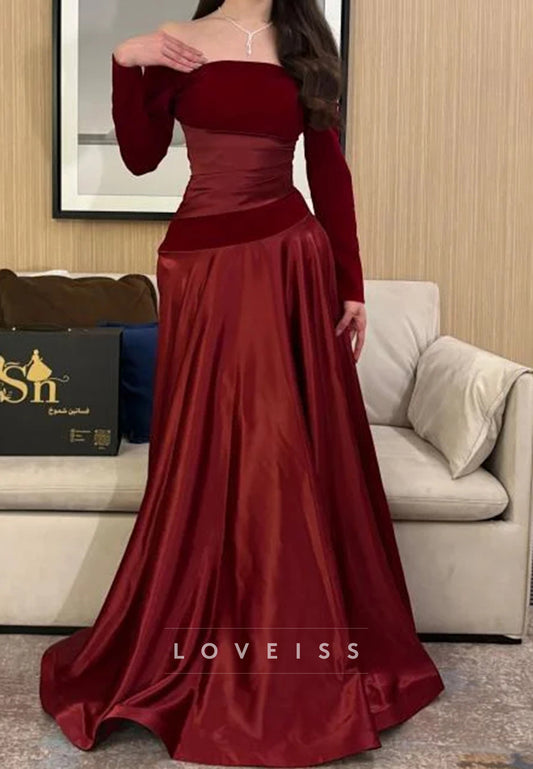 Off-Shoulder Long Sleeves Satin A-Line Prom Dress