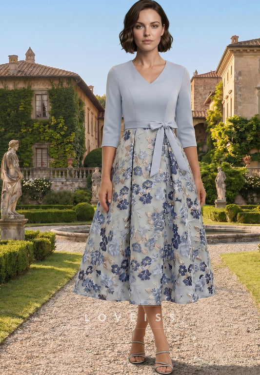 A-Line/Princess V-Neck Jacquard Mother of the Bride Dresses 3/4 Sleeves Floral Tea-Length Bowknot
