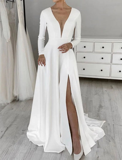 Hall Simple Wedding Dresses A-Line V Neck Long Sleeve Sweep / Brush Train Stretch Fabric Bridal Gowns With