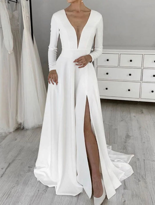 Hall Simple Wedding Dresses A-Line V Neck Long Sleeve Sweep / Brush Train Stretch Fabric Bridal Gowns With