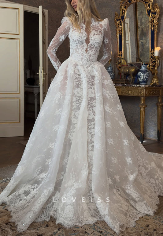 V-Neck Long Sleeves Lace Appliques A-Line Wedding Dress
