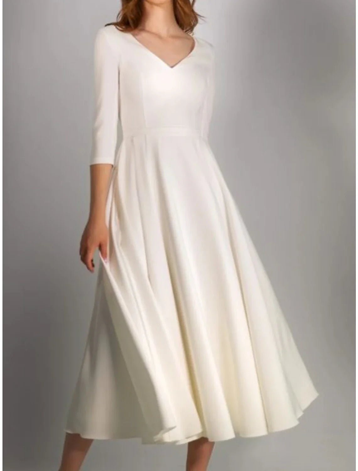 Little White Dresses Wedding Dresses A-Line V Neck Half Sleeve Tea Length Satin Bridal Gowns With Pleats Solid Color