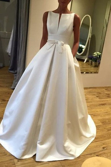 Unique Neckline Satin Wedding Gown with Pockets
