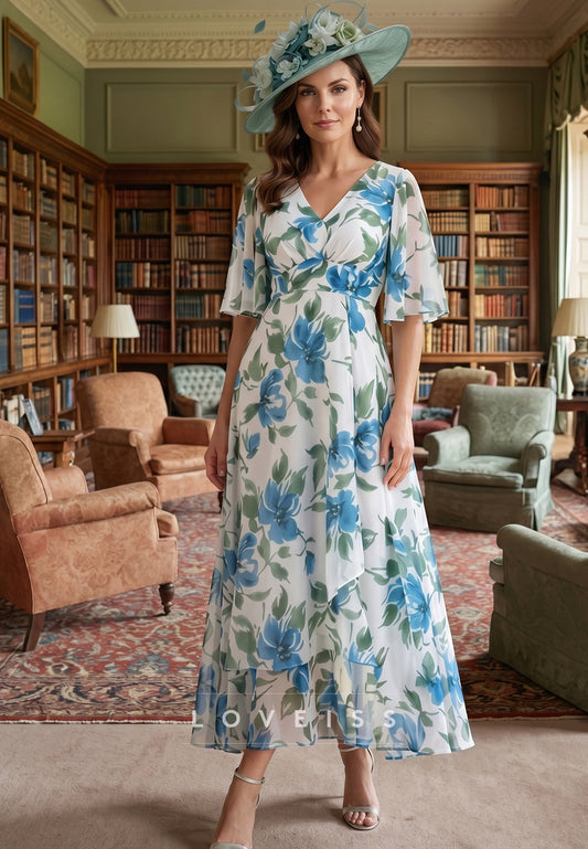 A-Line/Princess V-Neck Chiffon Mother of the Bride Dresses Short Sleeves Floral Tea-Length Ruched