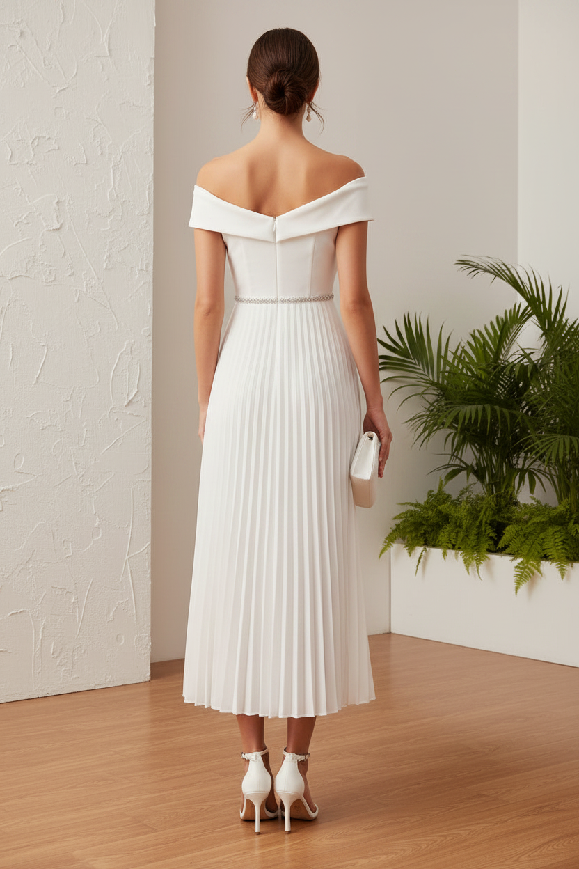 Off-Shoulder  Pleated A-Line Mother of  Bride Dress