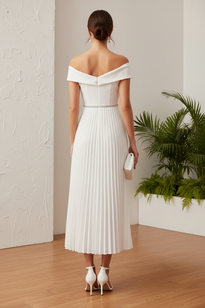 Off-Shoulder  Pleated A-Line Mother of  Bride Dress
