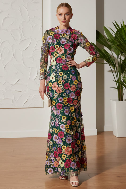 High Neck Long Sleeves Appliques Mermaid Mother of Bride Dress