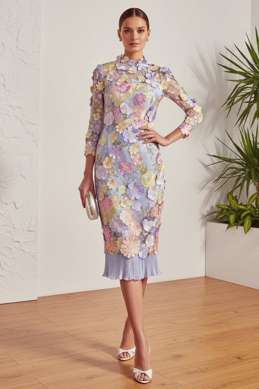 High Neck Long Sleeves Appliques Sheath Mother of Bride Dress