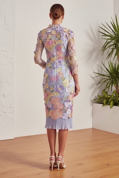 High Neck Long Sleeves Appliques Sheath Mother of Bride Dress