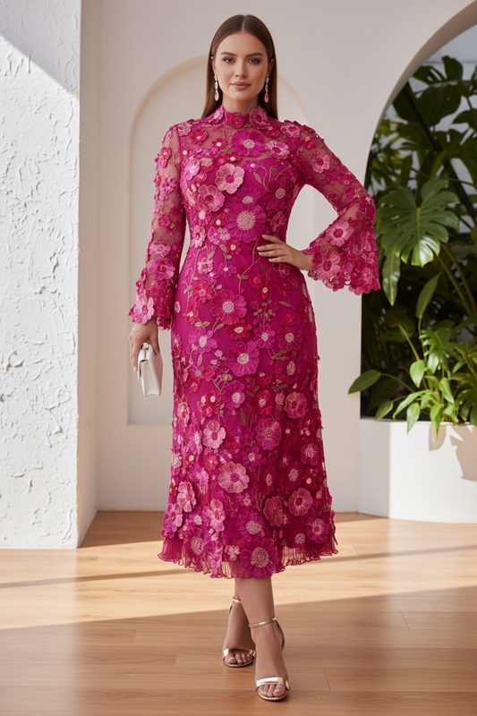 High Neck Long Sleeves Appliques Sheath Mother of Bride Dress