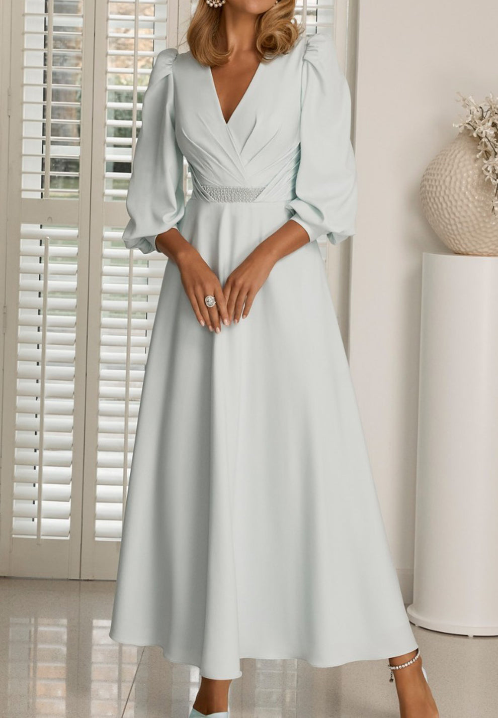 V-Neck Long Sleeves Pleated A-Line Mother of Bride Dress