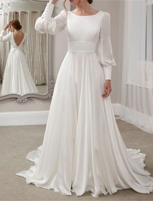 Beach Vintage Open Back 1940s / 1950s Wedding Dresses A-Line Scoop Neck Long Sleeve Sweep / Brush Train Chiffon Bridal Gowns With Solid Color