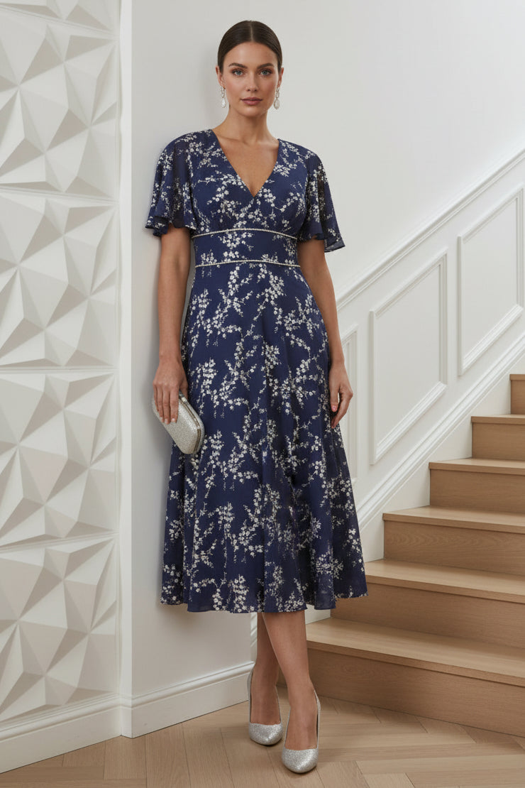 V-Neck Short Sleeves Floral Printed A-Line Cocktail Dress