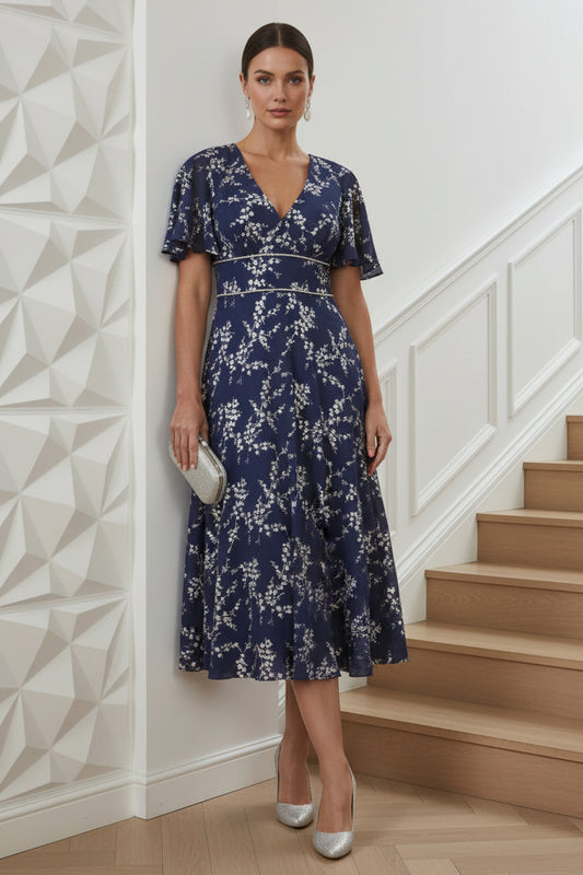 V-Neck Short Sleeves Floral Printed A-Line Cocktail Dress