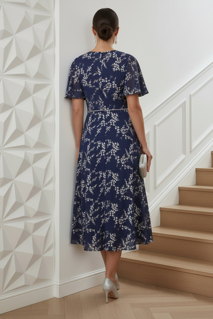V-Neck Short Sleeves Floral Printed A-Line Cocktail Dress