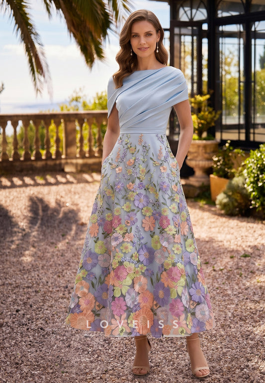 A-Line/Princess Boat Neck Satin Mother of the Bride Dresses Floral Tea-Length Short Sleeves Ruched