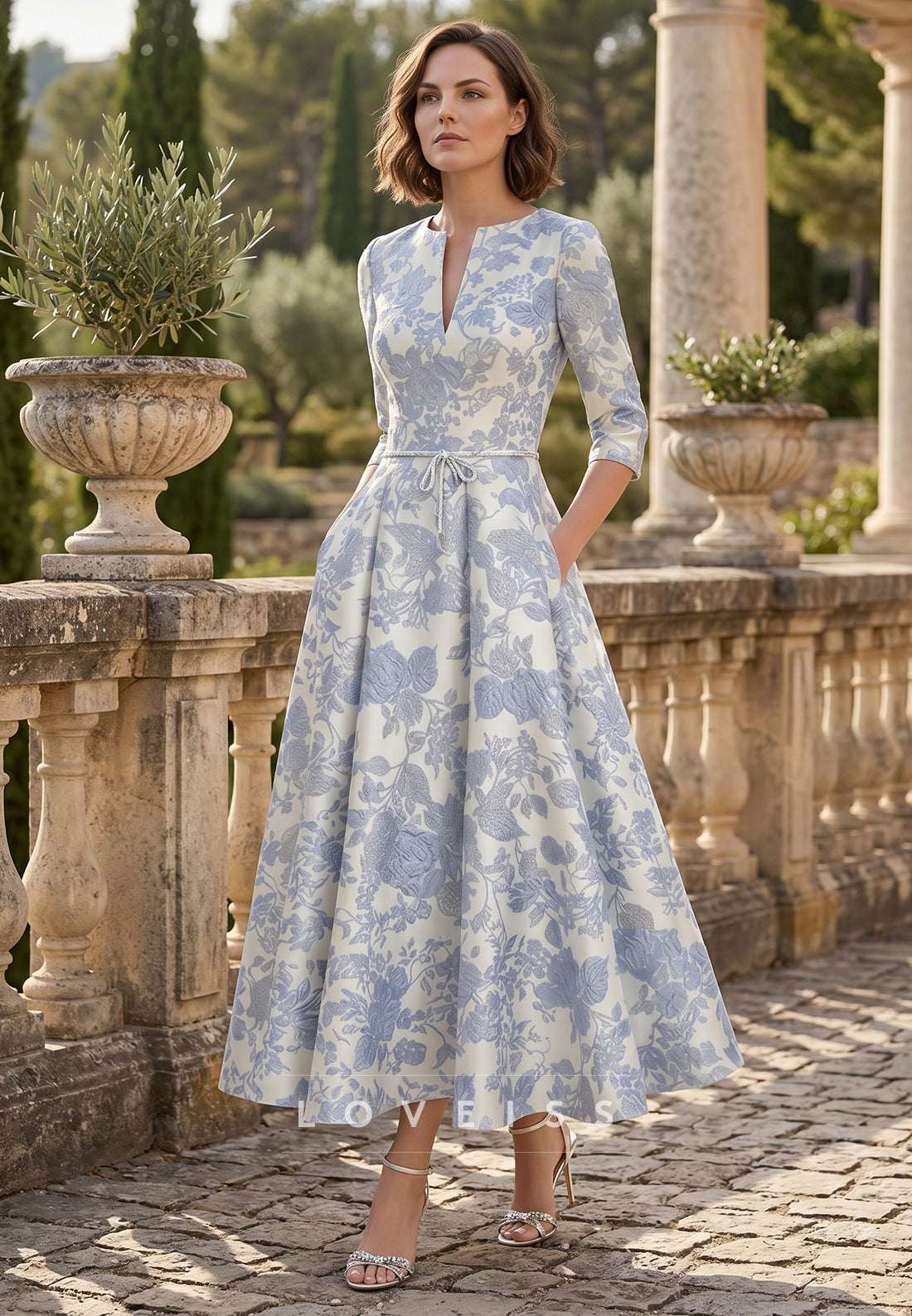 V-Neck Jacquard Mother of the Bride Dresses Floral Tea-Length Half Sleeves Ruffles