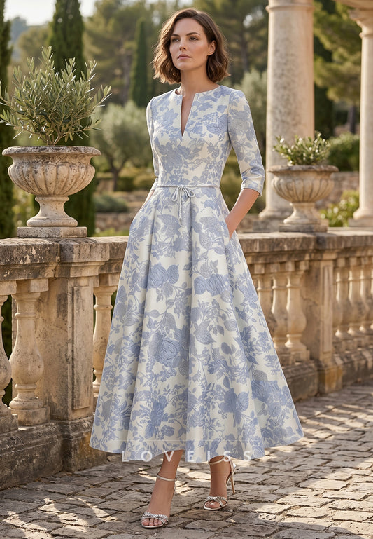 V-Neck Jacquard Mother of the Bride Dresses Floral Tea-Length Half Sleeves Ruffles