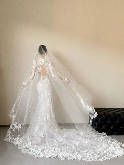 Floral Lace Mermaid Wedding Dress with Illusion Bodice, Long Sleeves, and Cathedral Train