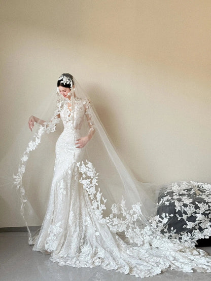 Floral Lace Mermaid Wedding Dress with Illusion Bodice, Long Sleeves, and Cathedral Train