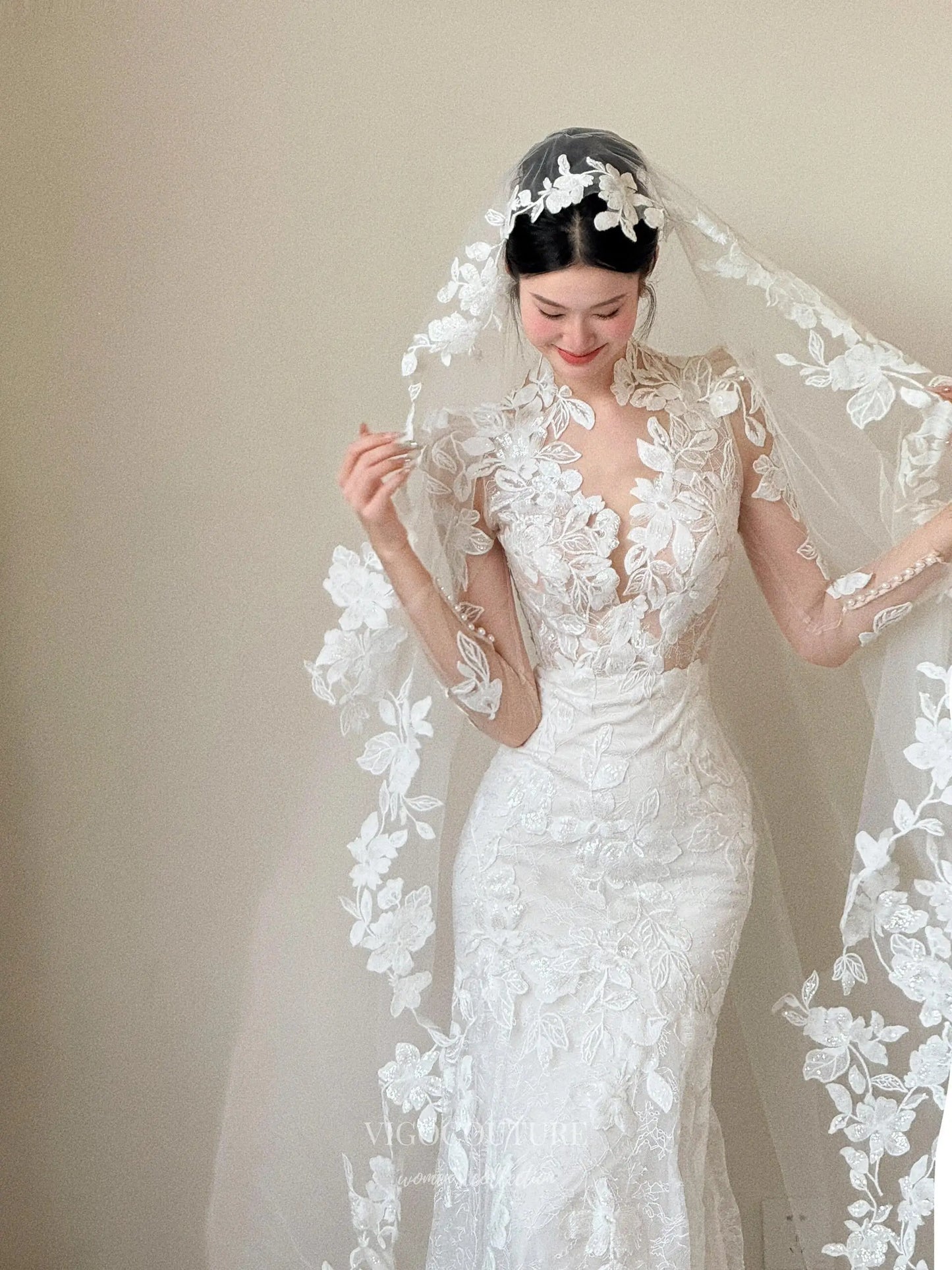 Floral Lace Mermaid Wedding Dress with Illusion Bodice, Long Sleeves, and Cathedral Train