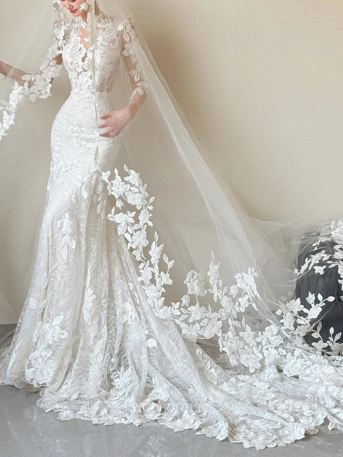 Floral Lace Mermaid Wedding Dress with Illusion Bodice, Long Sleeves, and Cathedral Train