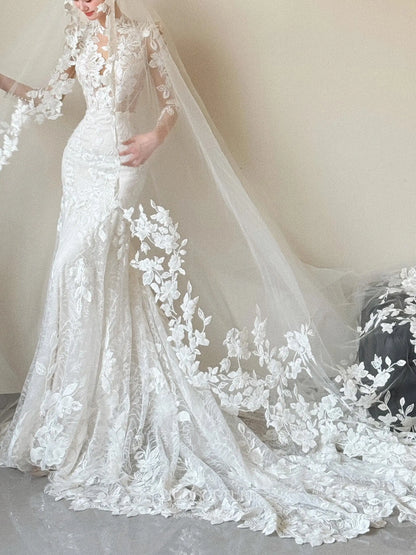 Floral Lace Mermaid Wedding Dress with Illusion Bodice, Long Sleeves, and Cathedral Train