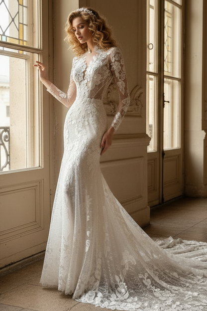 Floral Lace Mermaid Wedding Dress with Illusion Bodice, Long Sleeves, and Cathedral Train