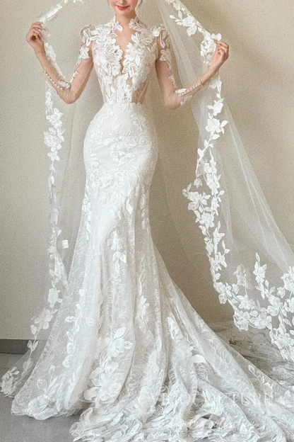 Floral Lace Mermaid Wedding Dress with Illusion Bodice, Long Sleeves, and Cathedral Train