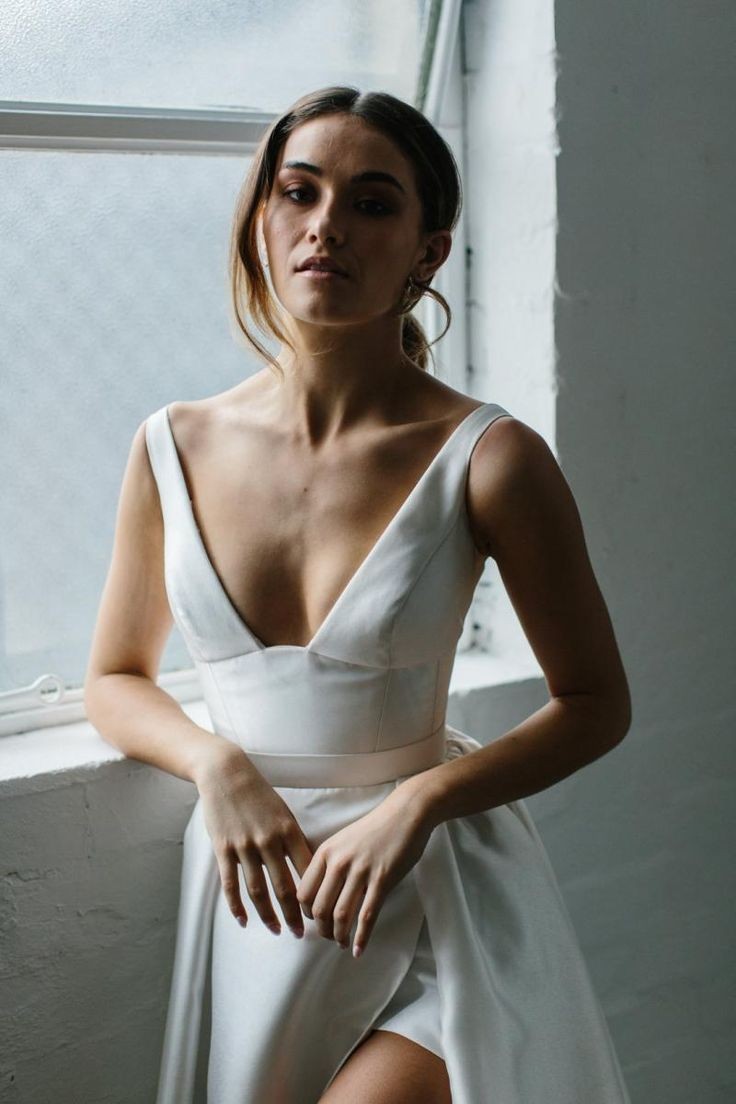 Wide V-neck Satin Bridal Gown with Long Leg Slit