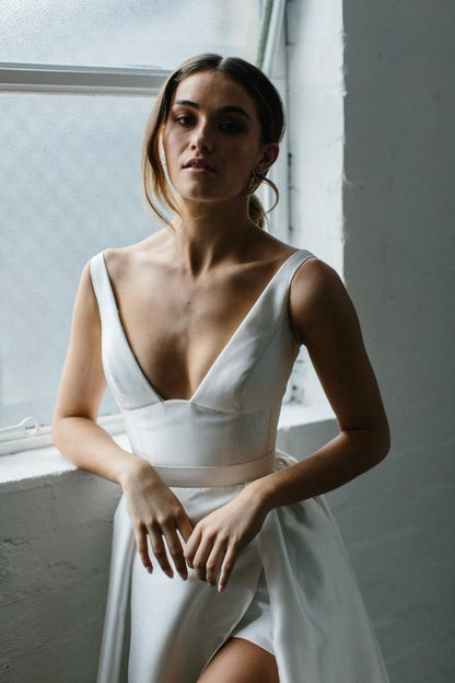 Wide V-neck Satin Bridal Gown with Long Leg Slit