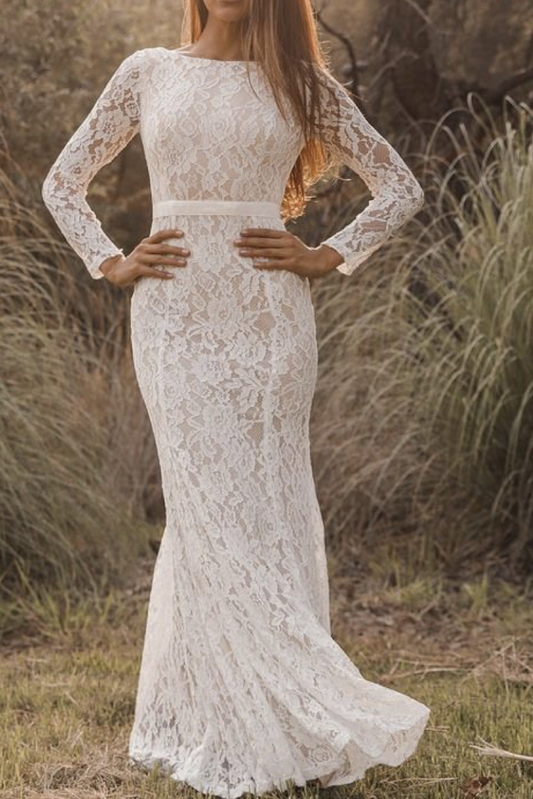 Women Modest  Lace Wedding Dress Long Sleeves