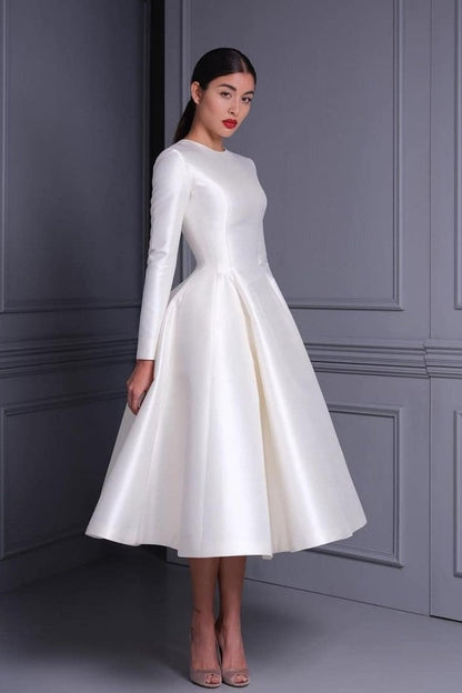 Women Modest Midi Wedding Dresses with Long Sleeves