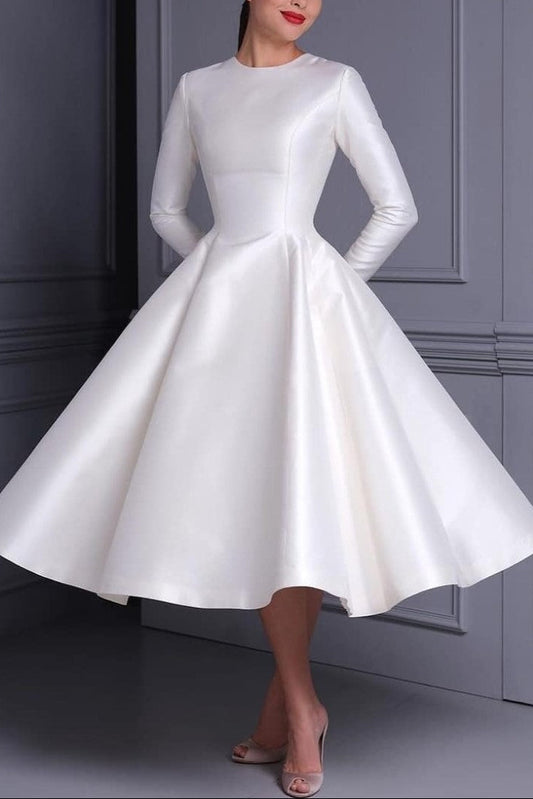 Women Modest Midi Wedding Dresses with Long Sleeves