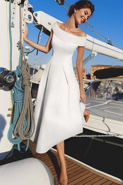 Wrapped Off-the-shoulder Wedding Gown Midi Length