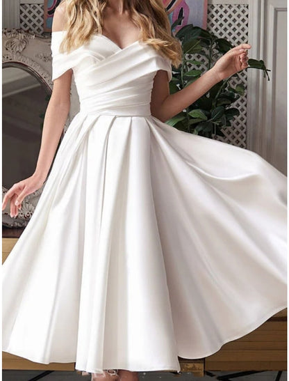 Little White Dresses Wedding Dresses A-Line Off Shoulder Short Sleeve Tea Length Satin Bridal Gowns With Pleats Solid Color
