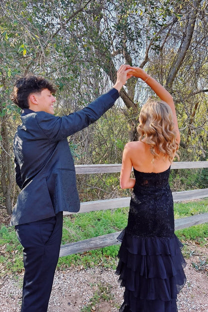 Strapless Mint Appliques Tiered Chiffon Long Dress