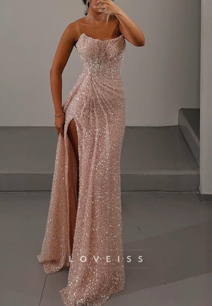 V-Neck Ruched Beaded Embroidery Sheath Sparkly Prom Dress